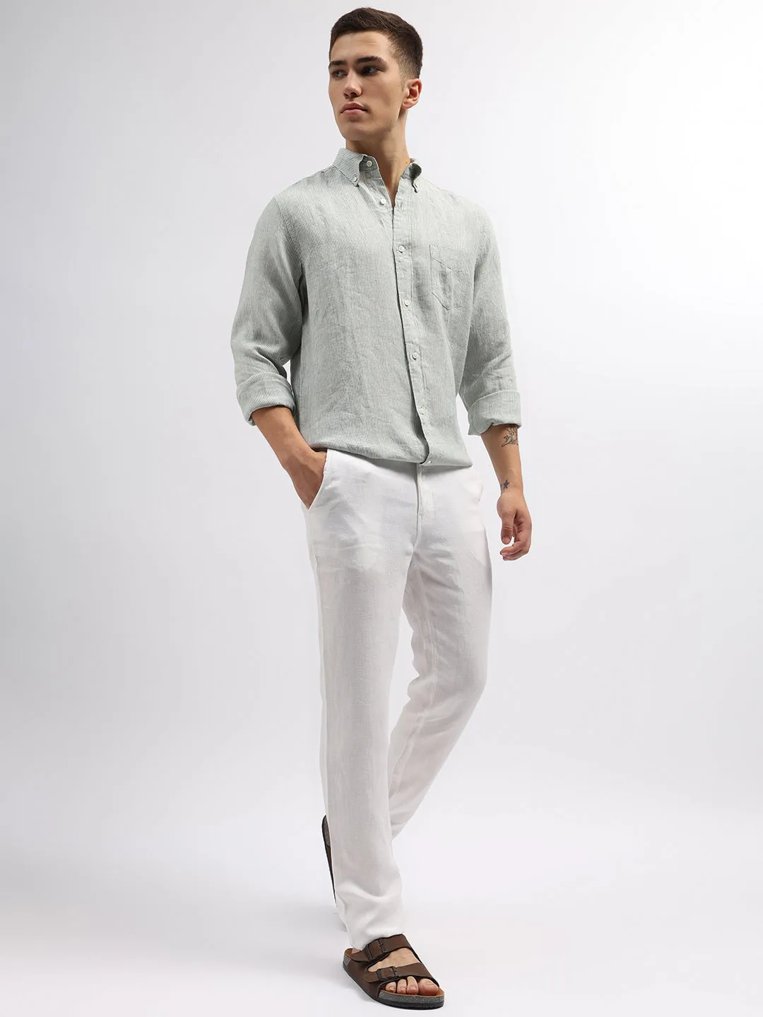 Gant Men Green Regular Fit Striped Linen Shirt