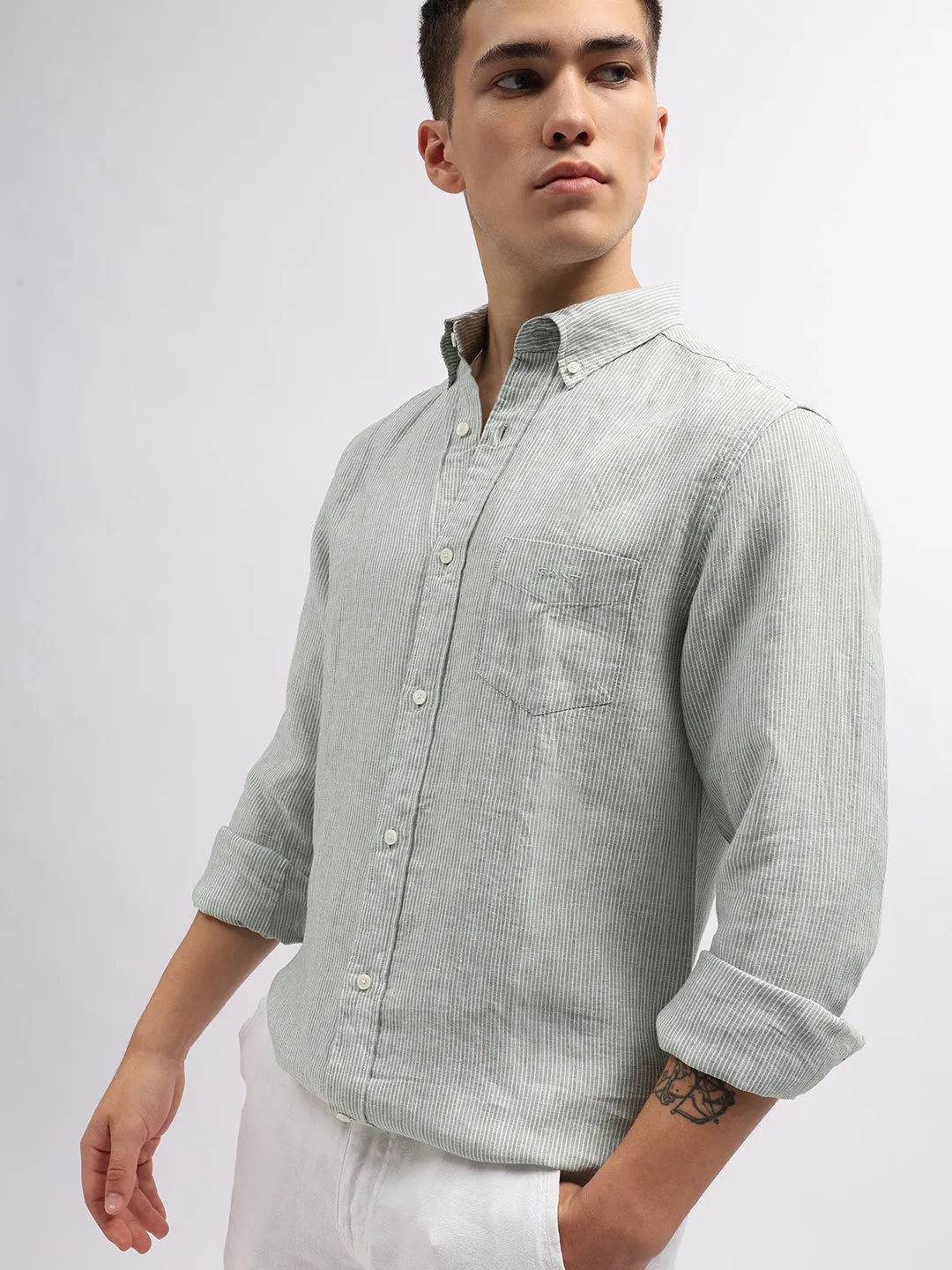 Gant Men Green Regular Fit Striped Linen Shirt