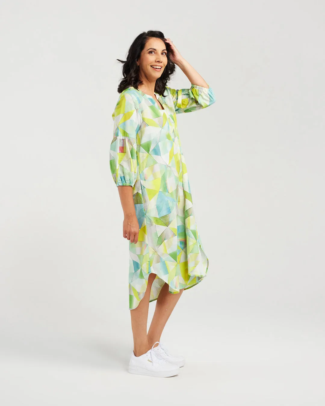 Gathered Sleeve Linen Blend Print Dress
