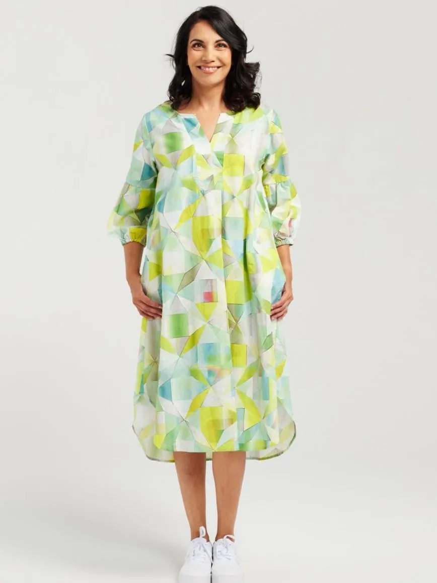 Gathered Sleeve Linen Blend Print Dress