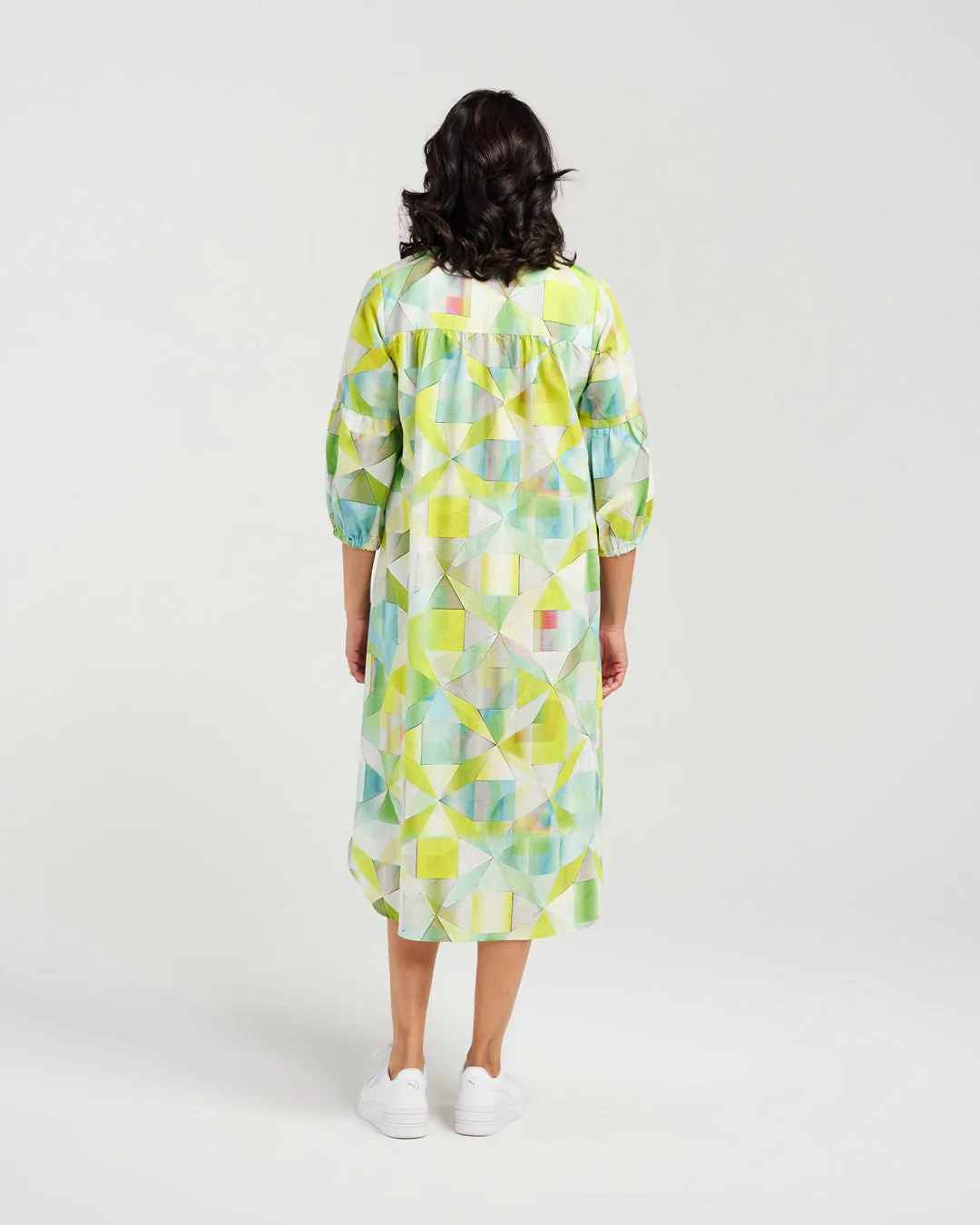 Gathered Sleeve Linen Blend Print Dress