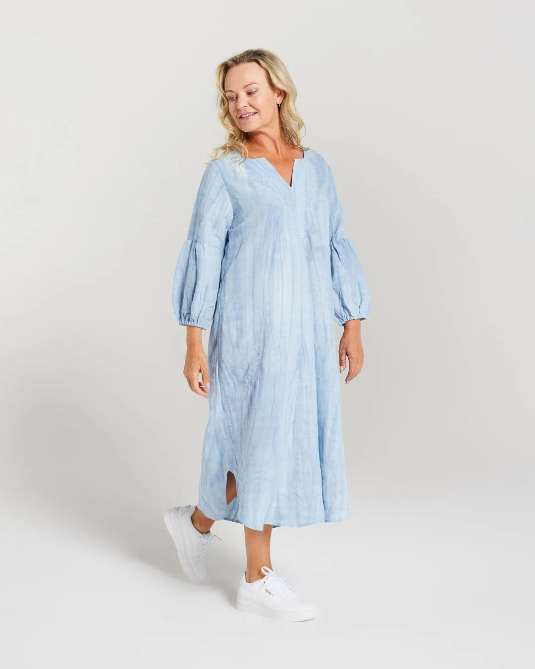 Gathered Sleeve Shibori Tie Dye Dress