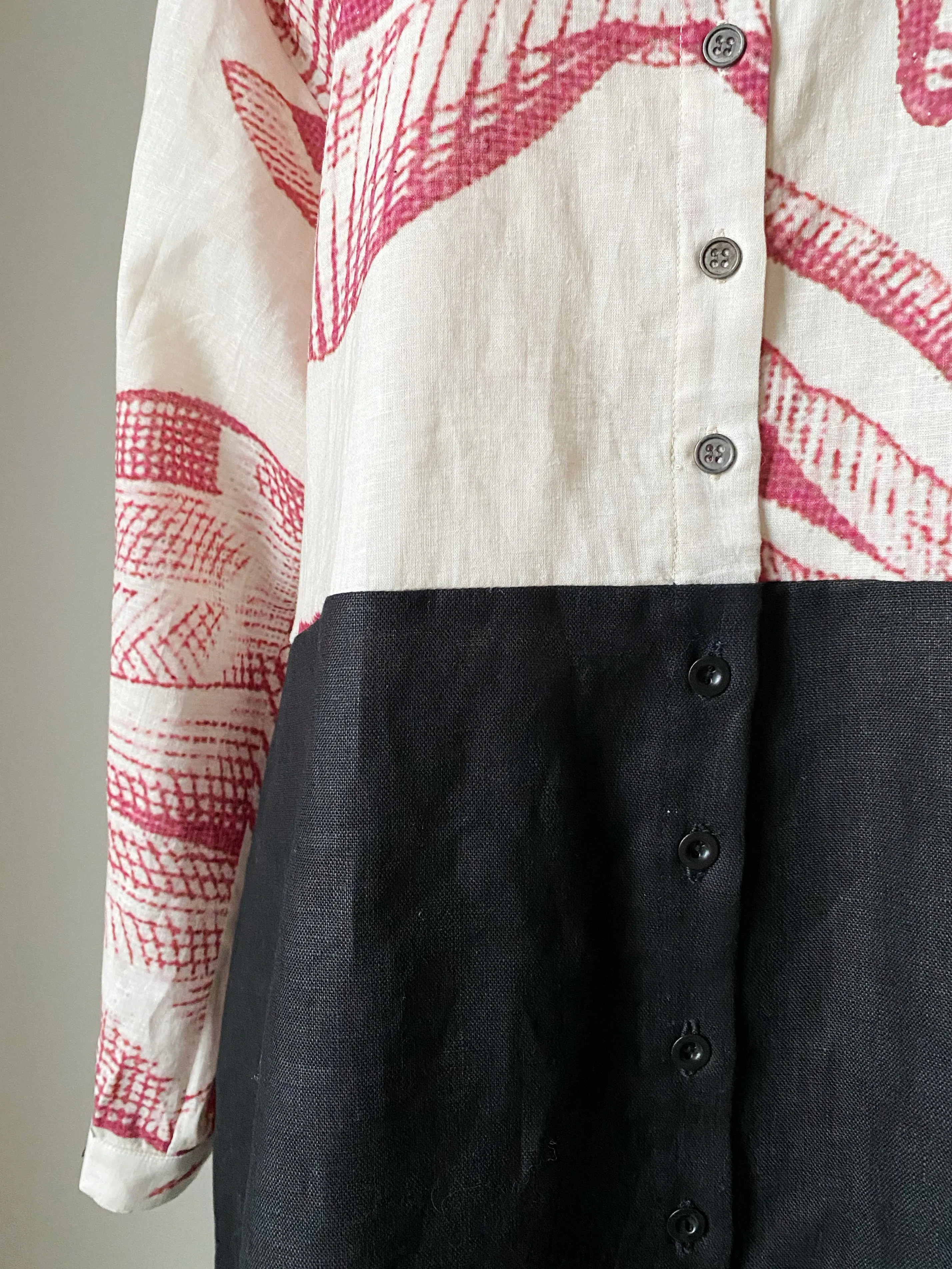 giant toile with black linen shirt dress