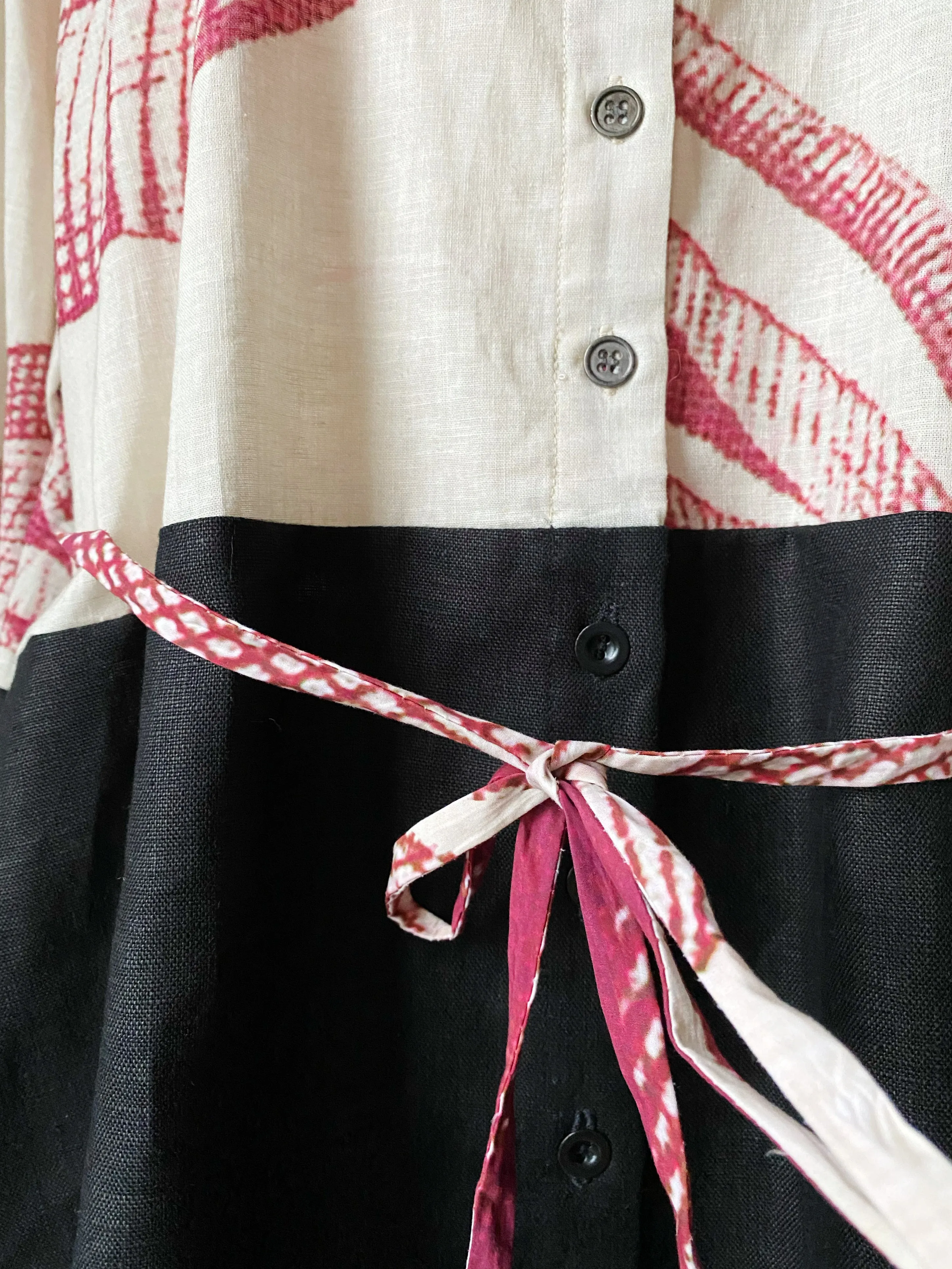giant toile with black linen shirt dress