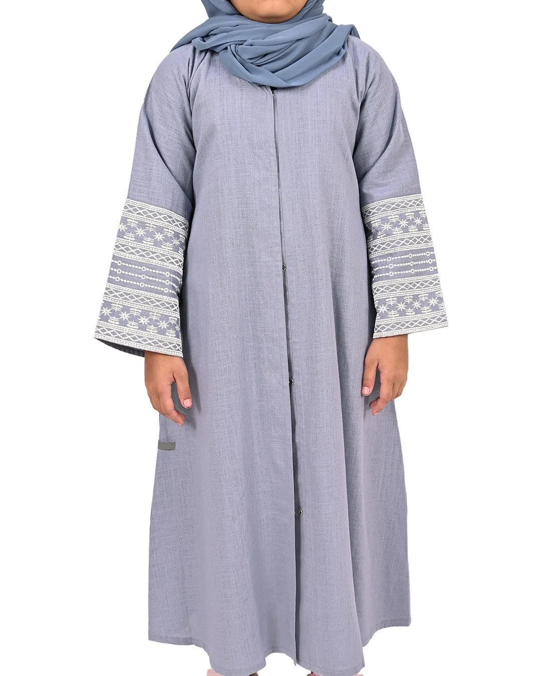 Girls Embroidered Sleeve Linen Abaya - Pastel Blue