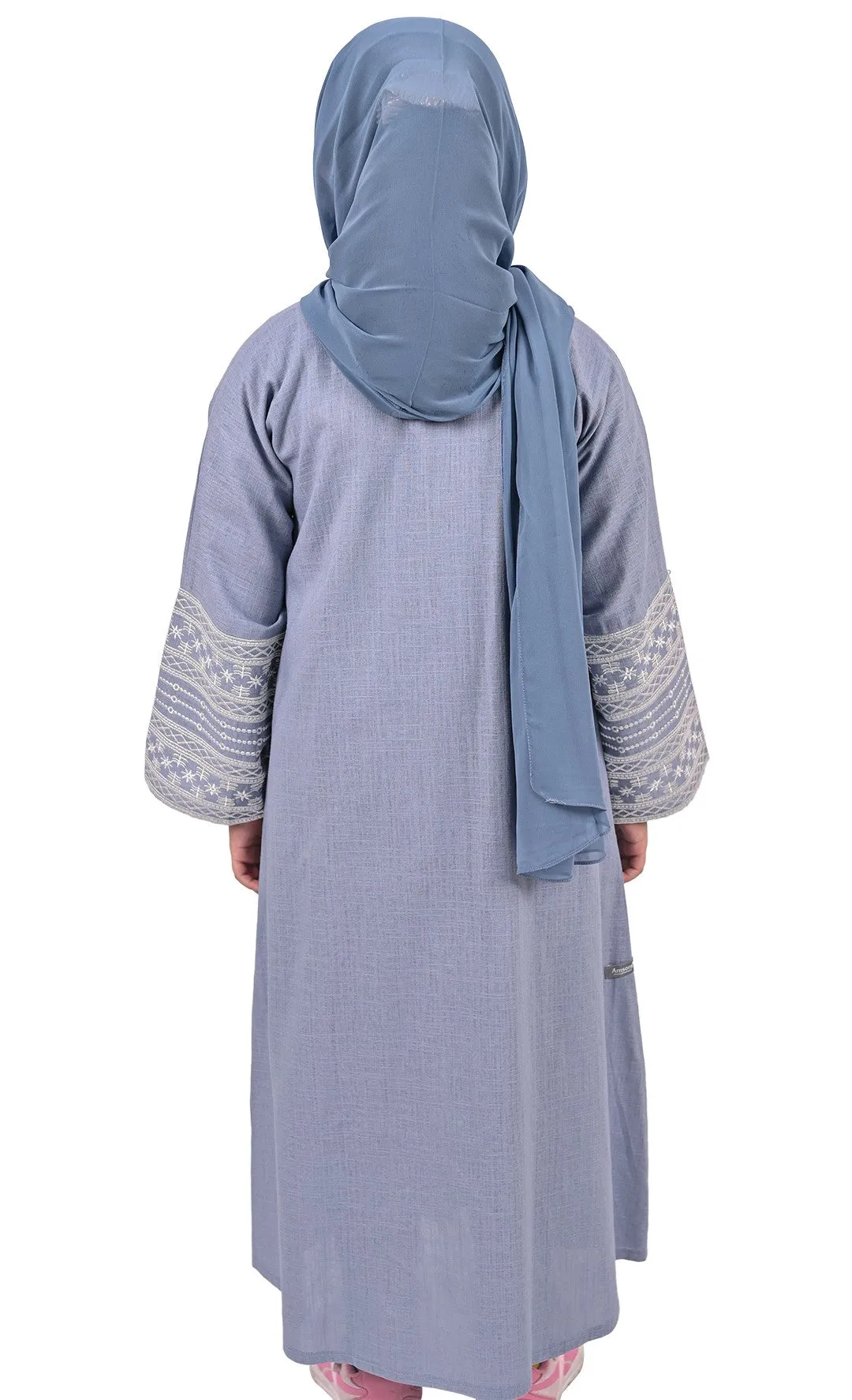 Girls Embroidered Sleeve Linen Abaya - Pastel Blue