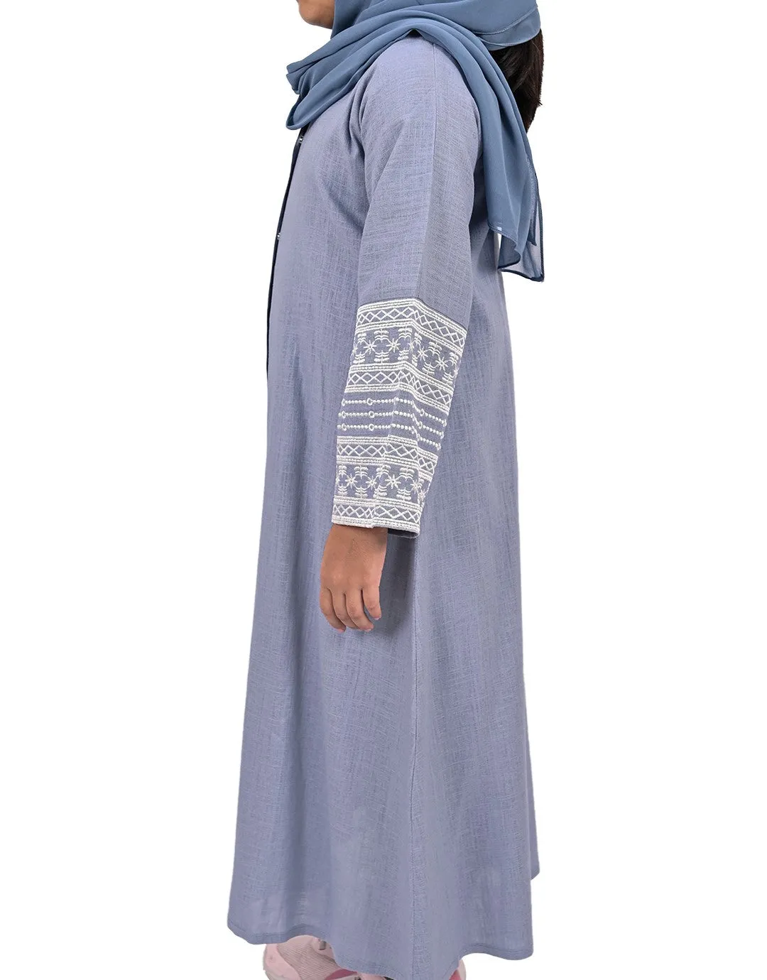 Girls Embroidered Sleeve Linen Abaya - Pastel Blue