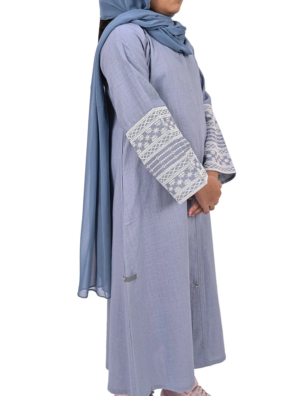 Girls Embroidered Sleeve Linen Abaya - Pastel Blue