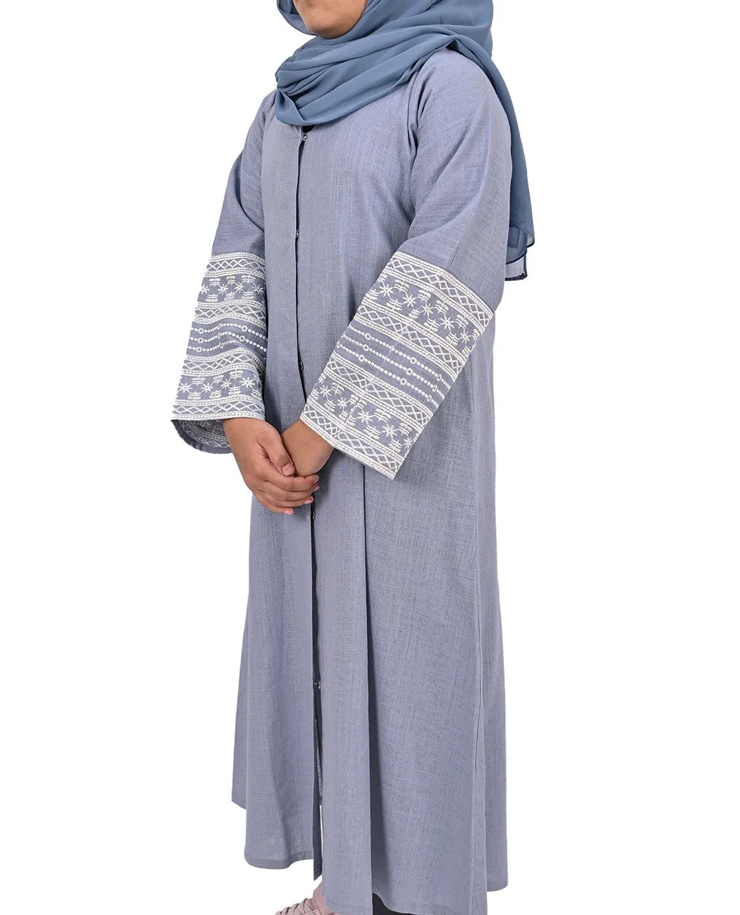 Girls Embroidered Sleeve Linen Abaya - Pastel Blue