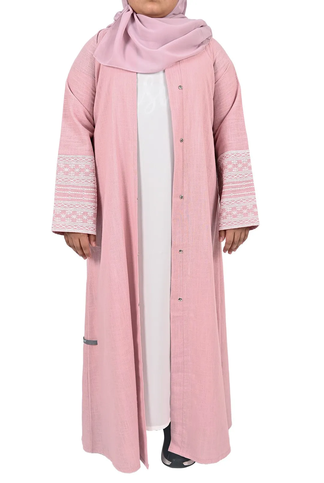 Girls Embroidered Sleeve Linen Abaya - Pastel Pink