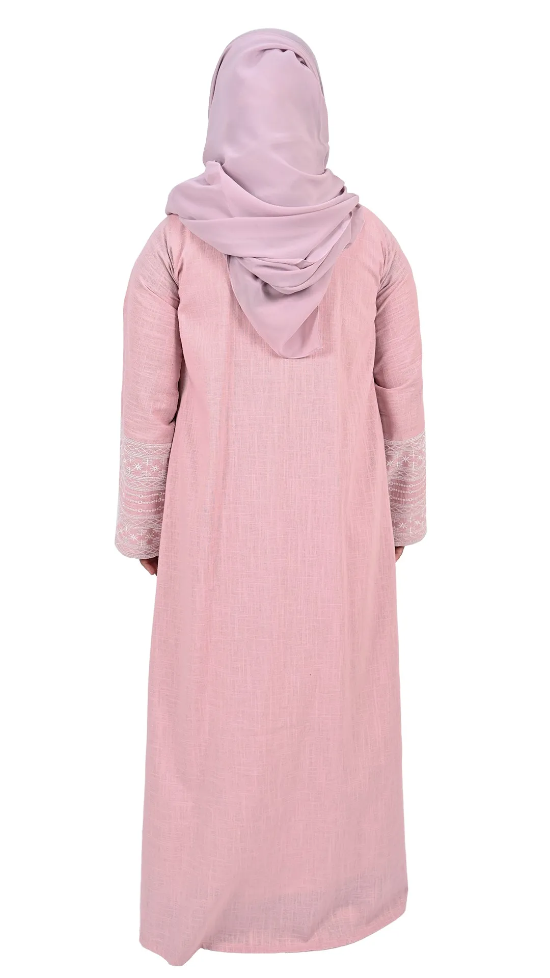 Girls Embroidered Sleeve Linen Abaya - Pastel Pink
