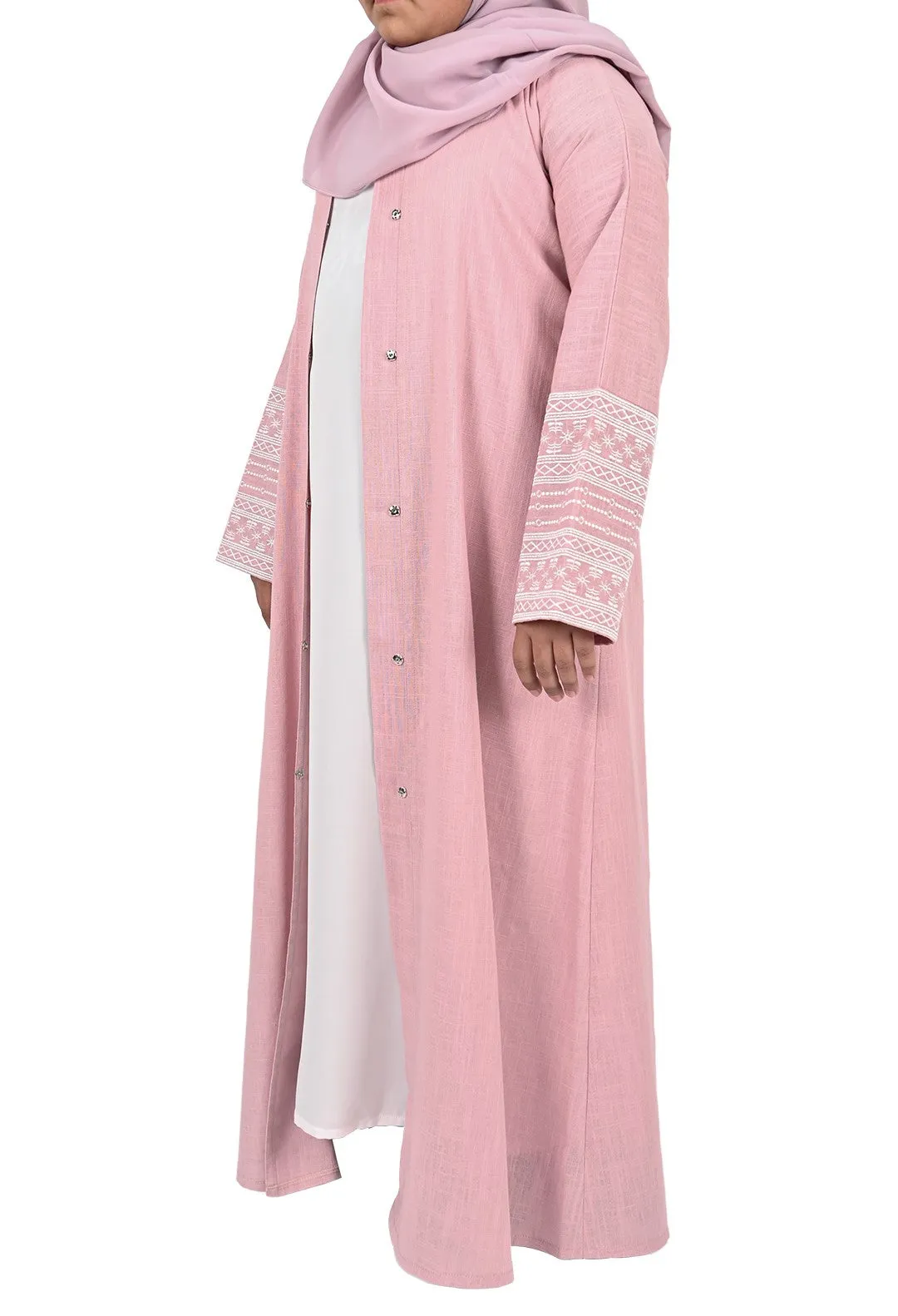 Girls Embroidered Sleeve Linen Abaya - Pastel Pink