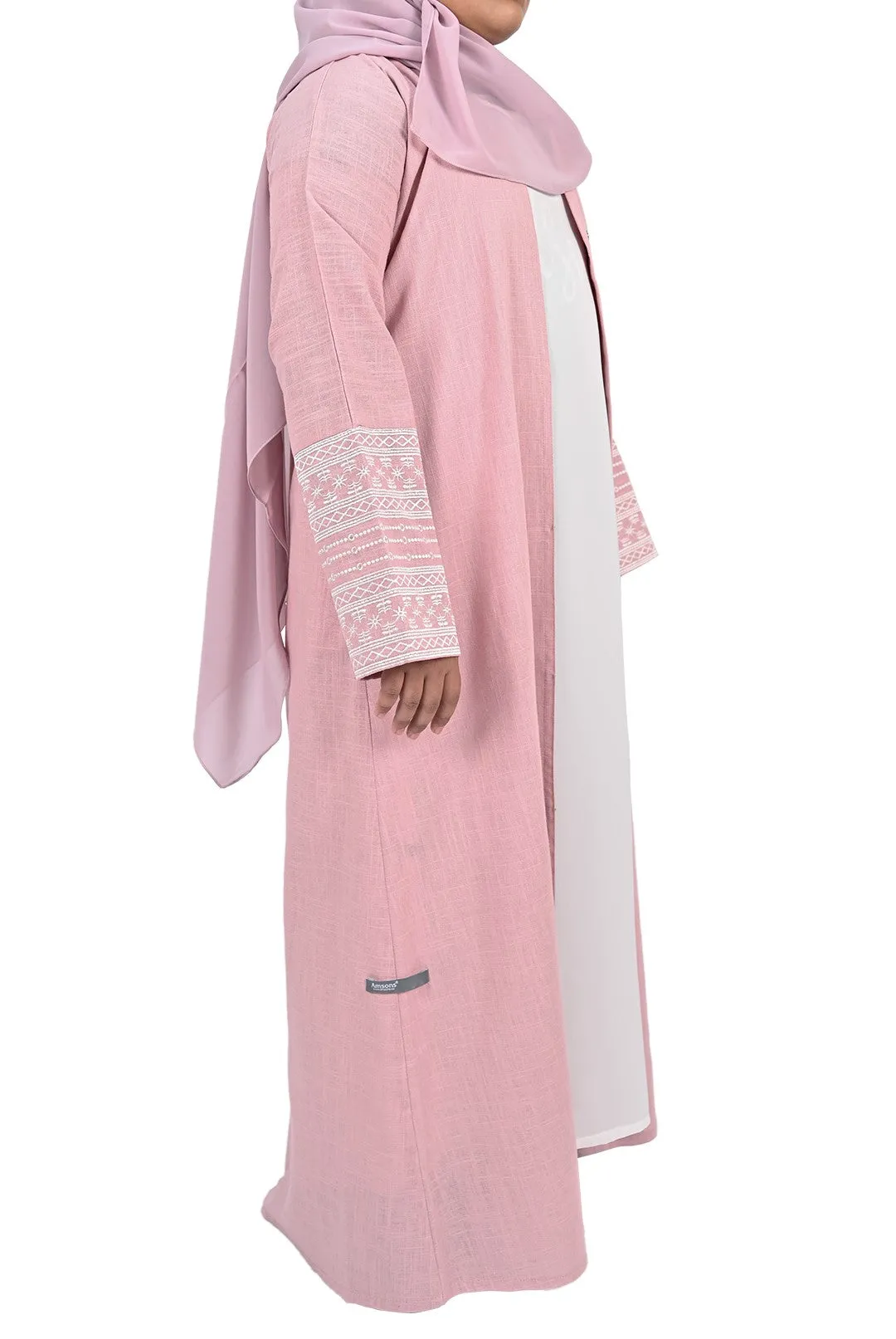 Girls Embroidered Sleeve Linen Abaya - Pastel Pink