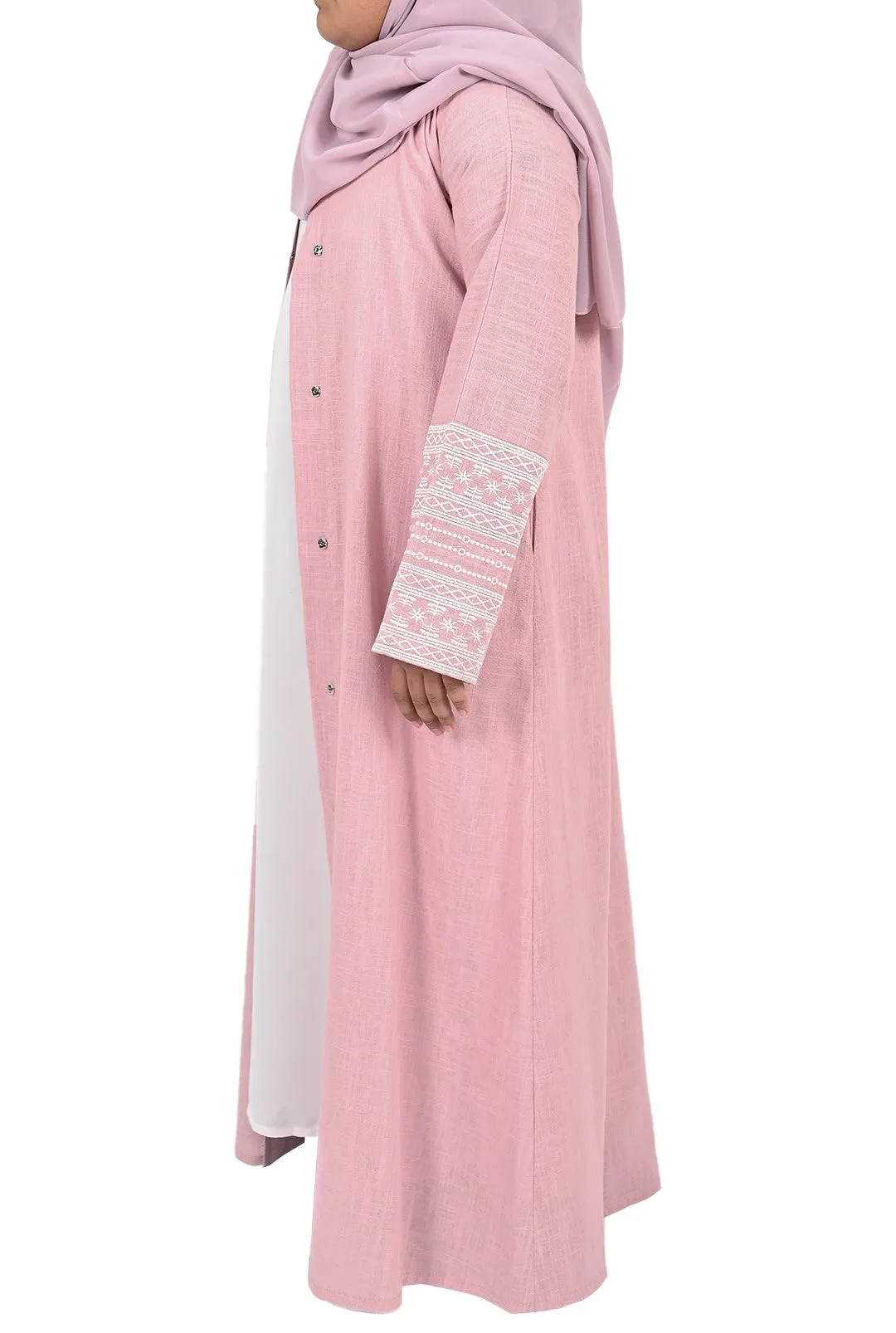 Girls Embroidered Sleeve Linen Abaya - Pastel Pink