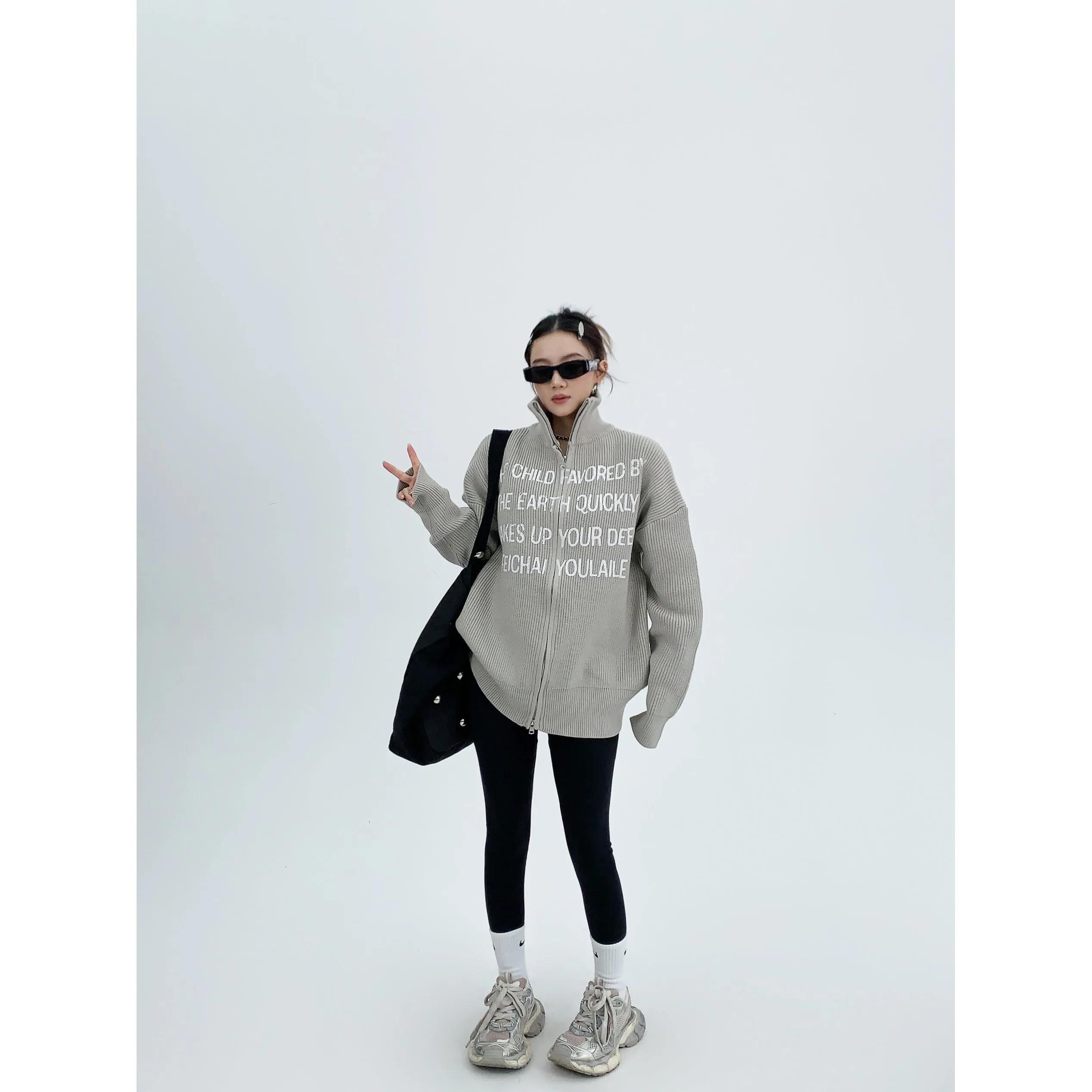 Graphic Text Zippered Knit Sweater