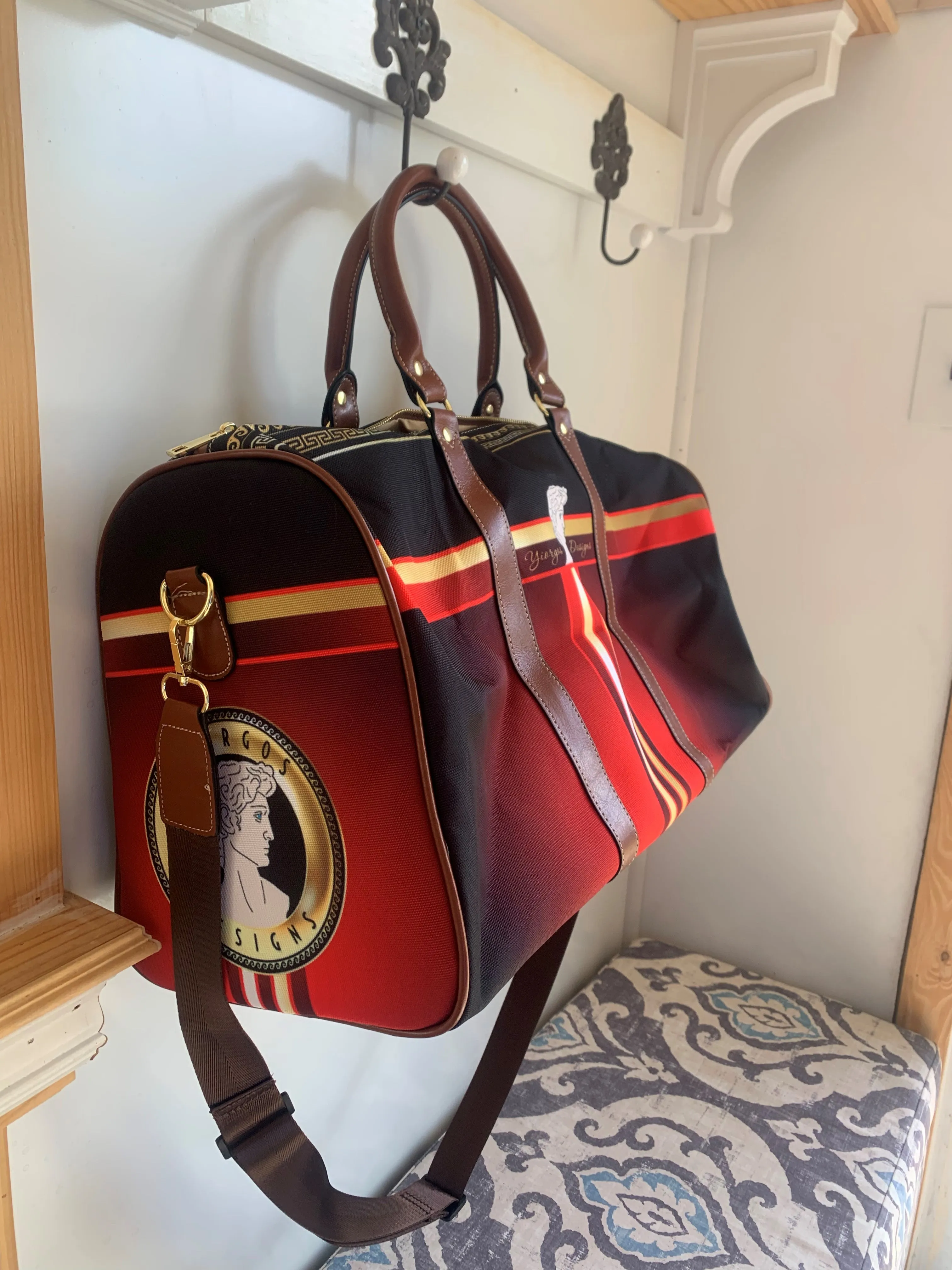 Greek Key Gold Maroon Ornate Waterproof Travel Bag