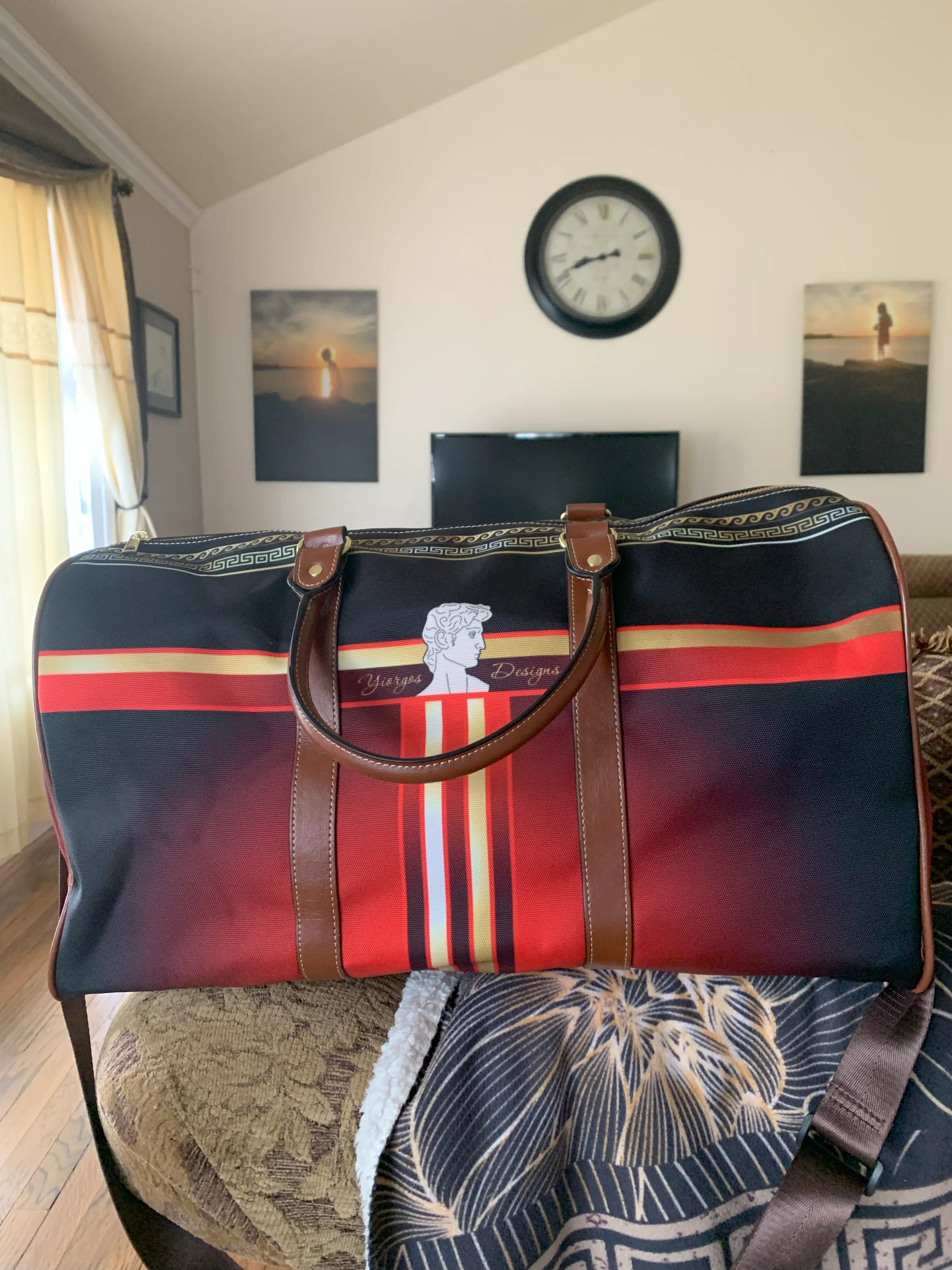 Greek Key Gold Maroon Ornate Waterproof Travel Bag