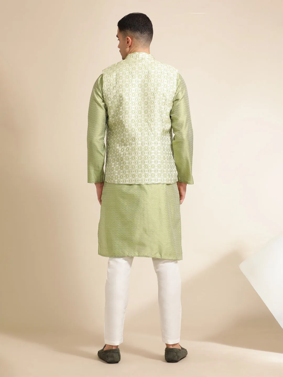 Green Silk Blend Kurta With Woven Design Nehru Jacket Set