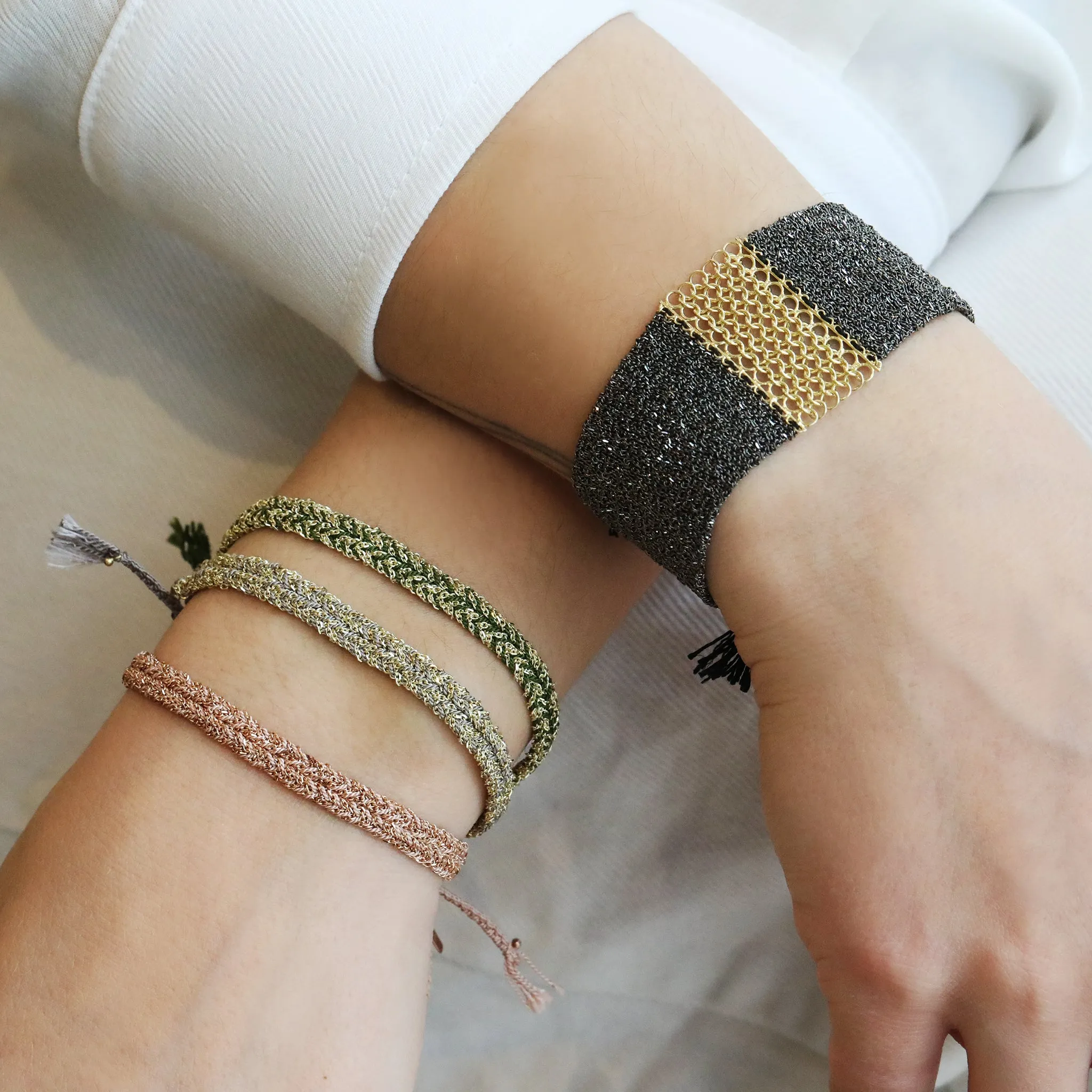 Grey Silk and Yellow Gold Vermeil Chain Woven Bracelet
