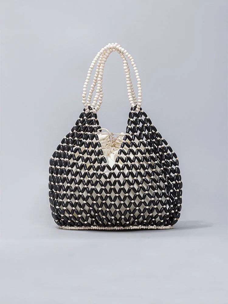 Handcrafted Wooden Bead Woven Tote Bag