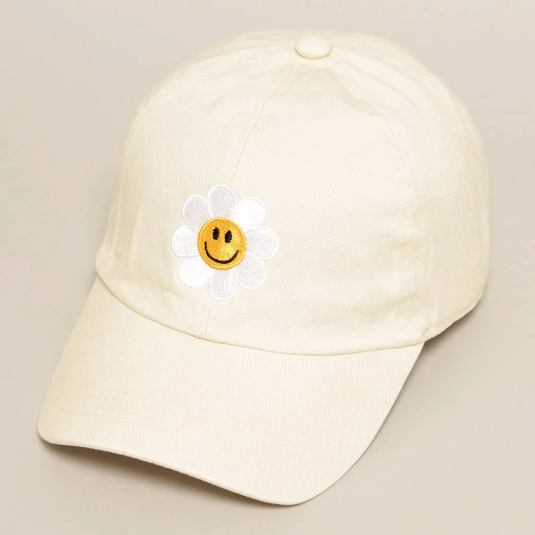 Happy Face Flower Embroidered Baseball Cap | Stuffology Boutique