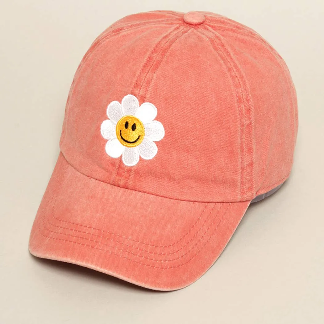 Happy Face Flower Embroidered Baseball Cap | Stuffology Boutique