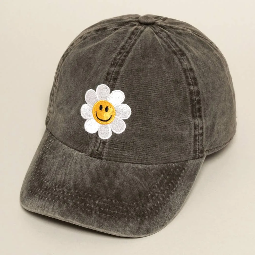Happy Face Flower Embroidered Baseball Cap | Stuffology Boutique