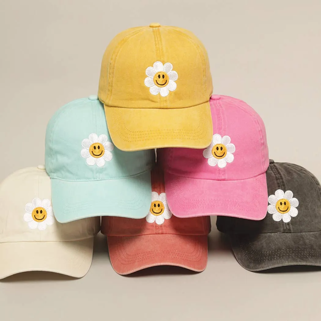 Happy Face Flower Embroidered Baseball Cap | Stuffology Boutique