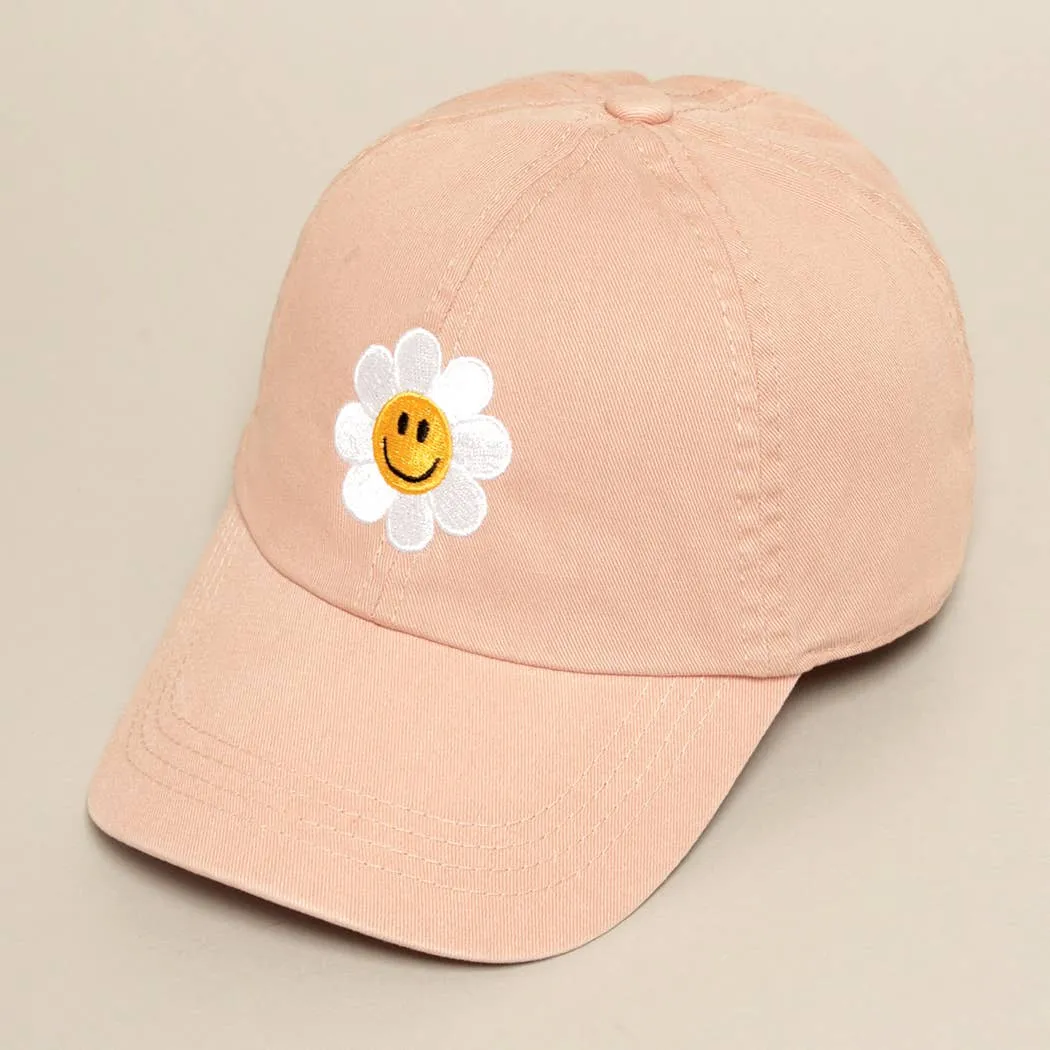 Happy Face Flower Embroidered Baseball Cap | Stuffology Boutique
