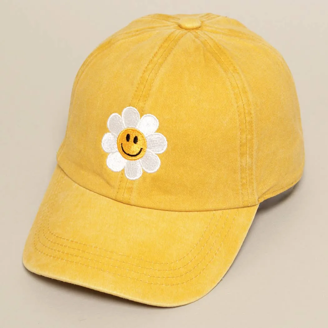 Happy Face Flower Embroidered Baseball Cap | Stuffology Boutique