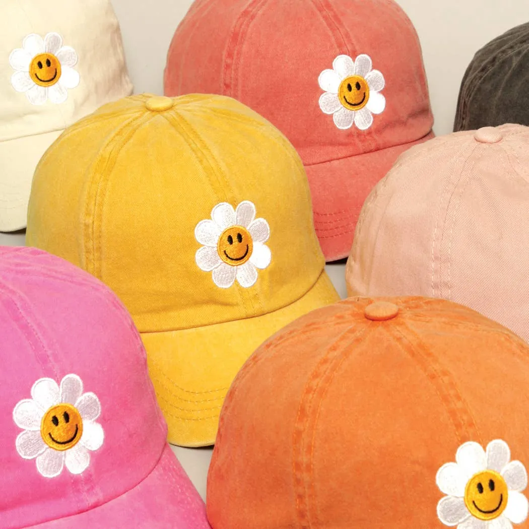 Happy Face Flower Embroidered Baseball Cap | Stuffology Boutique