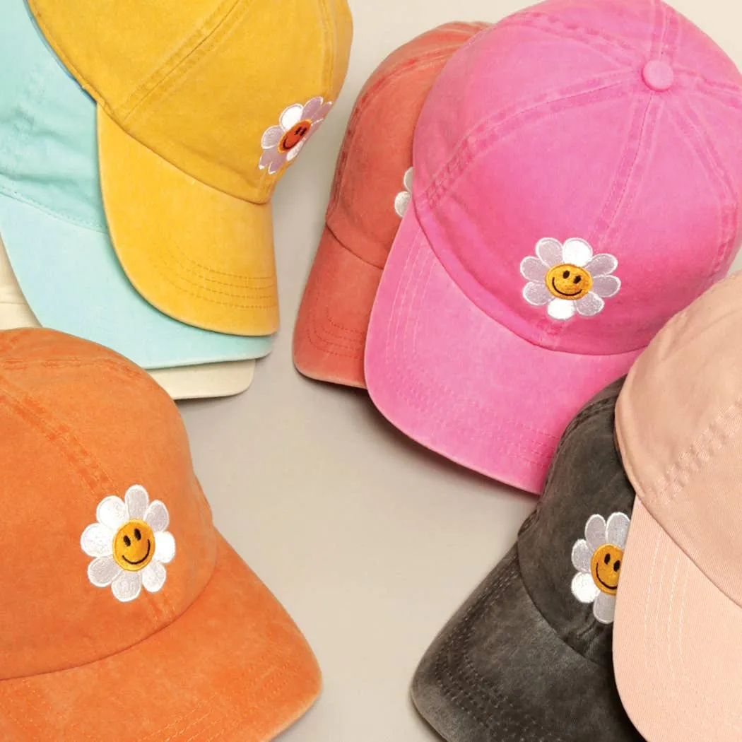 Happy Face Flower Embroidered Baseball Cap | Stuffology Boutique