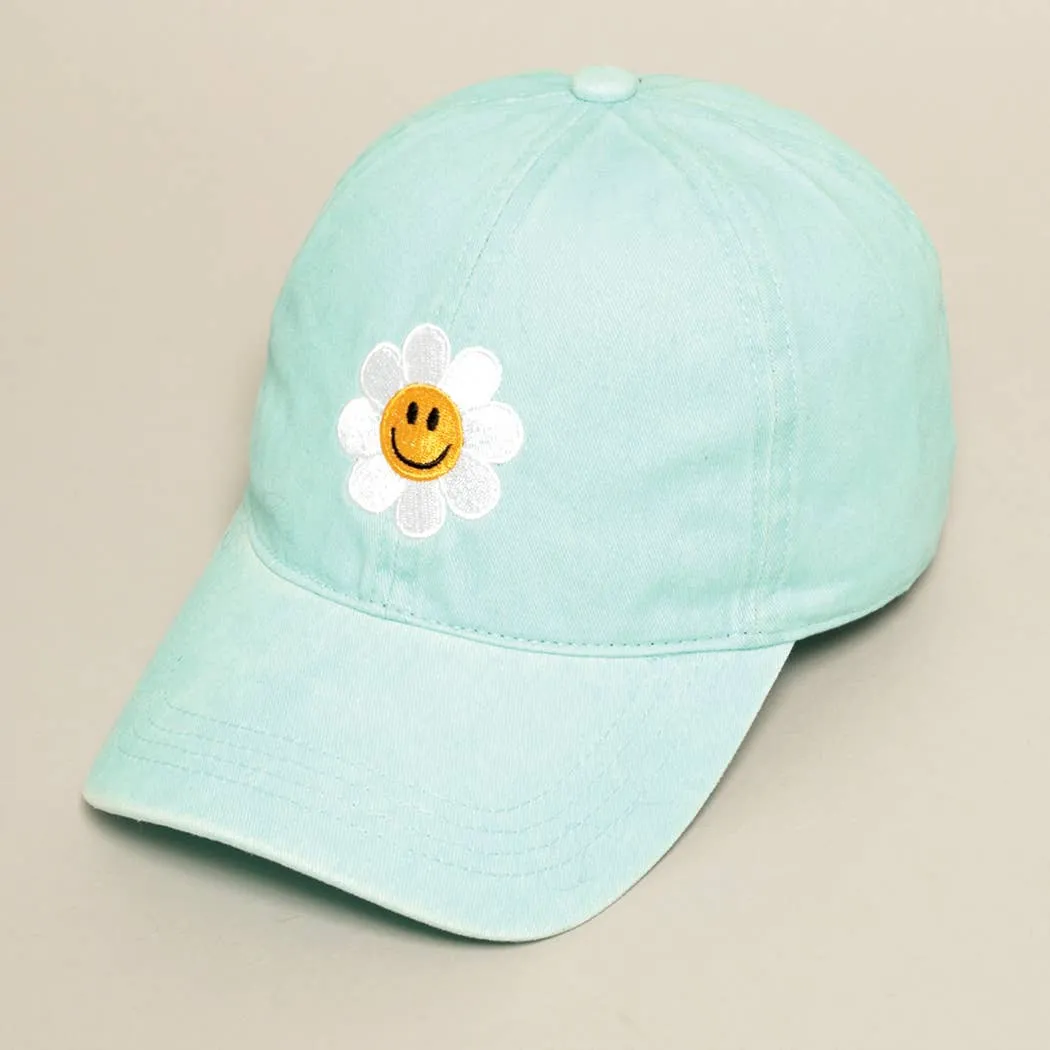 Happy Face Flower Embroidered Baseball Cap | Stuffology Boutique