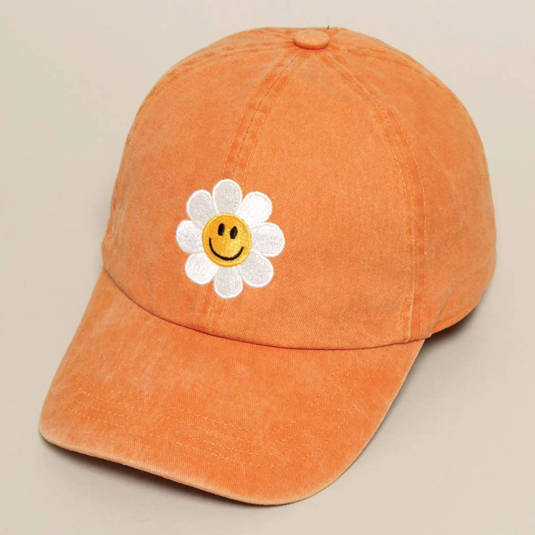 Happy Face Flower Embroidered Baseball Cap | Stuffology Boutique