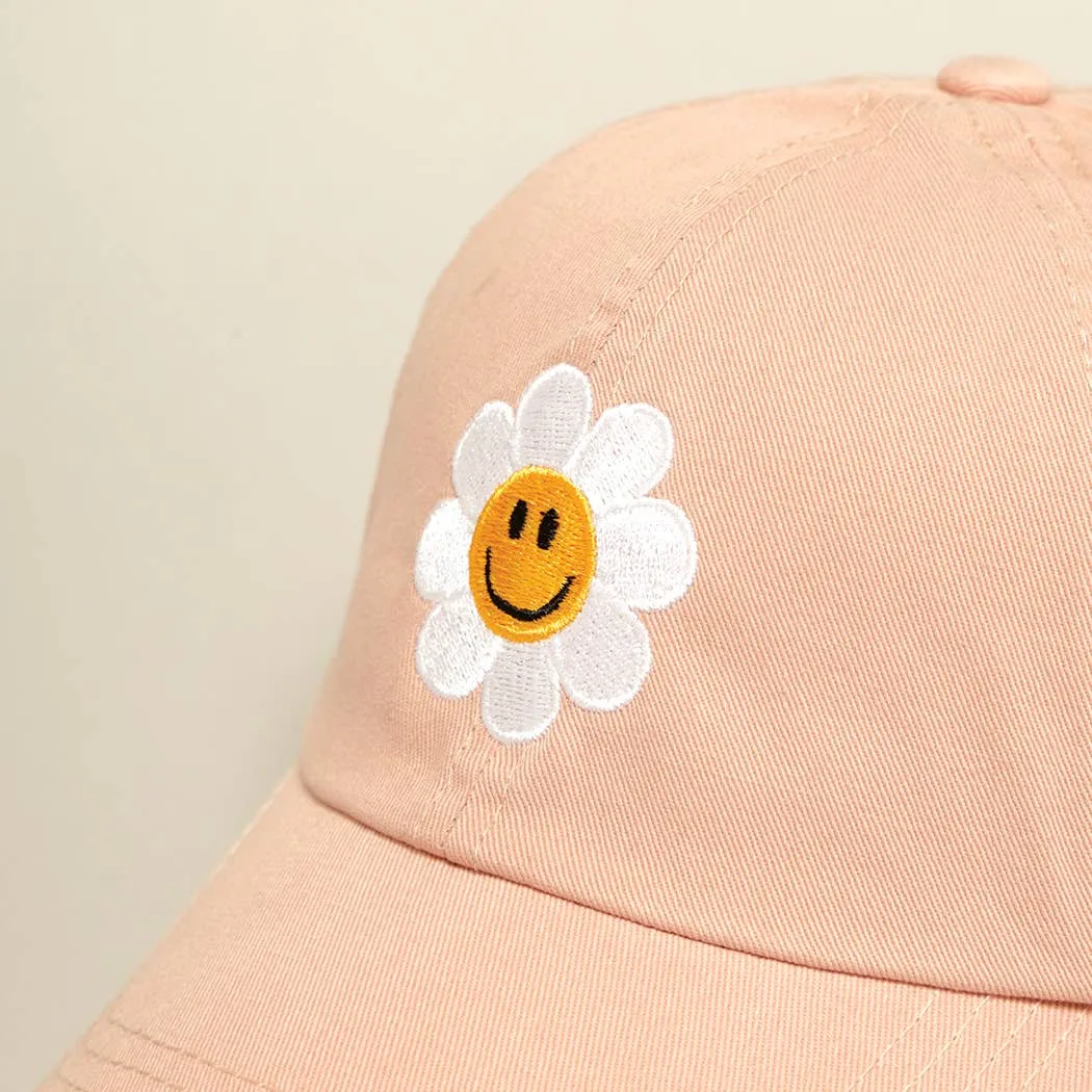 Happy Face Flower Embroidered Baseball Cap | Stuffology Boutique