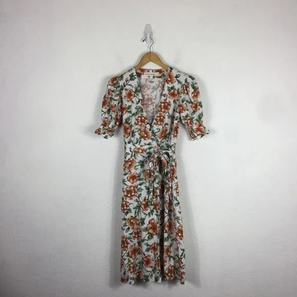 Happy X Nature Teagarden Floral Puff Sleeve Linen Wrap Midi Dress Small