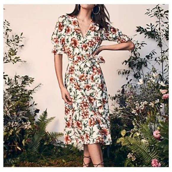 Happy X Nature Teagarden Floral Puff Sleeve Linen Wrap Midi Dress Small