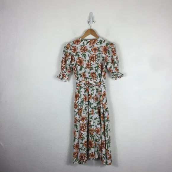 Happy X Nature Teagarden Floral Puff Sleeve Linen Wrap Midi Dress Small