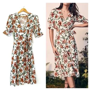 Happy X Nature Teagarden Floral Puff Sleeve Linen Wrap Midi Dress Small