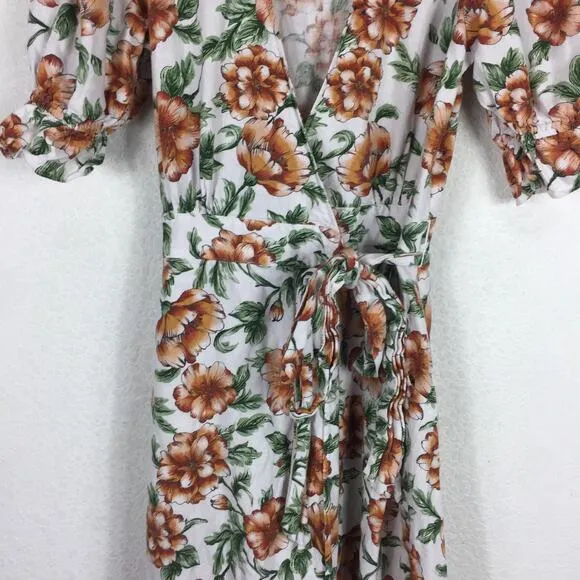 Happy X Nature Teagarden Floral Puff Sleeve Linen Wrap Midi Dress Small