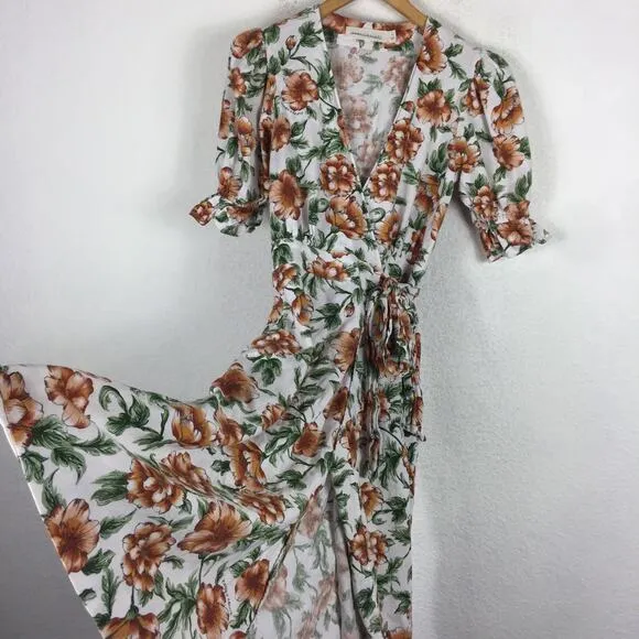 Happy X Nature Teagarden Floral Puff Sleeve Linen Wrap Midi Dress Small