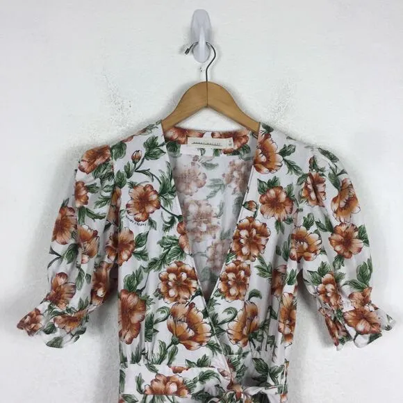 Happy X Nature Teagarden Floral Puff Sleeve Linen Wrap Midi Dress Small