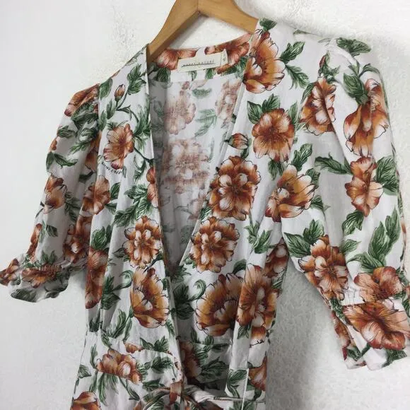 Happy X Nature Teagarden Floral Puff Sleeve Linen Wrap Midi Dress Small
