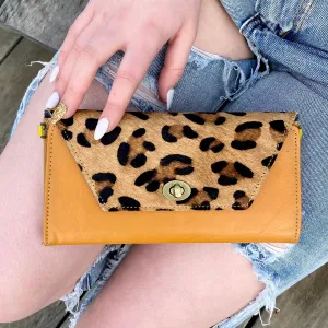 Harley Cowhide and Leather Crossbody Wallet Clutch - Apricot Tan, Leopard