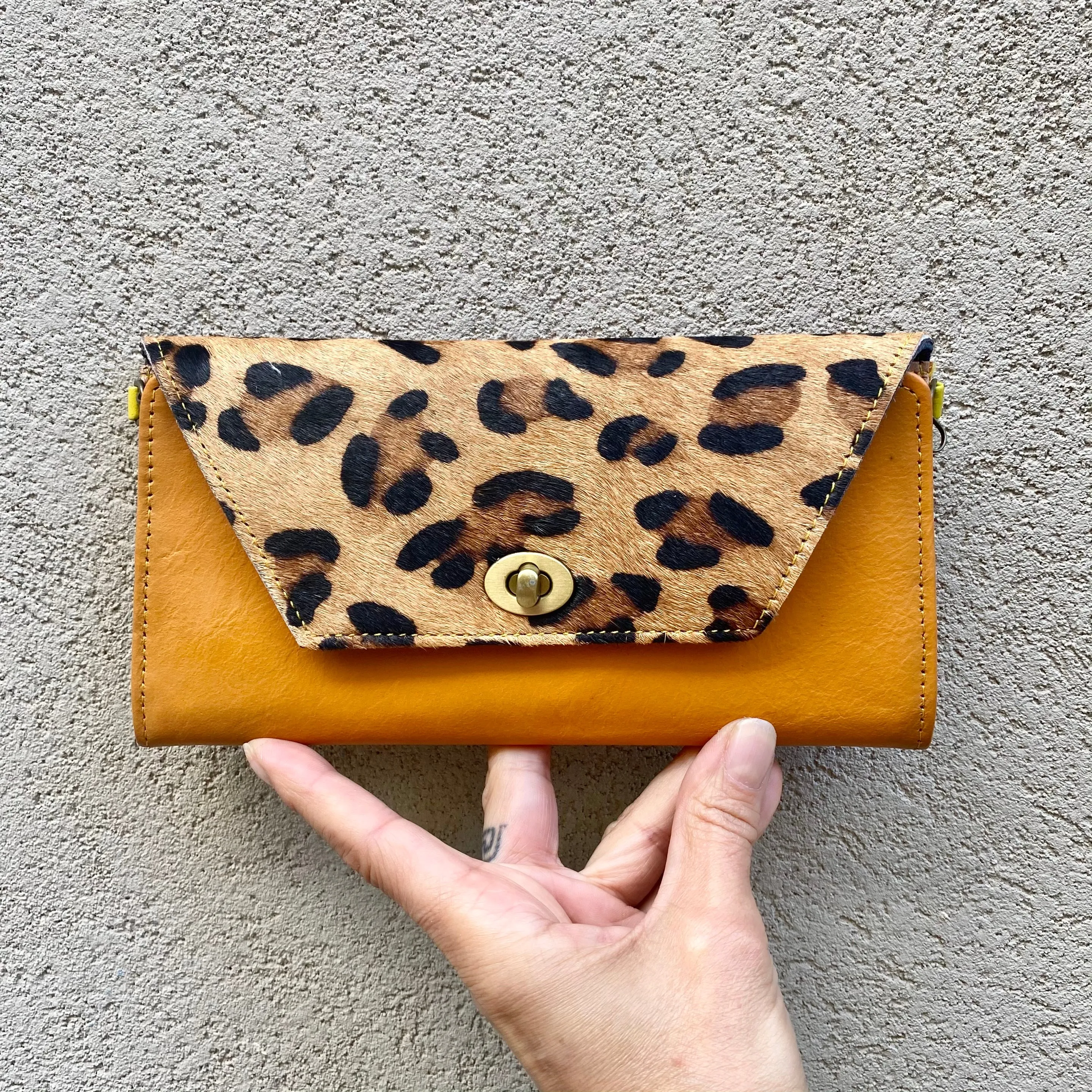 Harley Cowhide and Leather Crossbody Wallet Clutch - Apricot Tan, Leopard