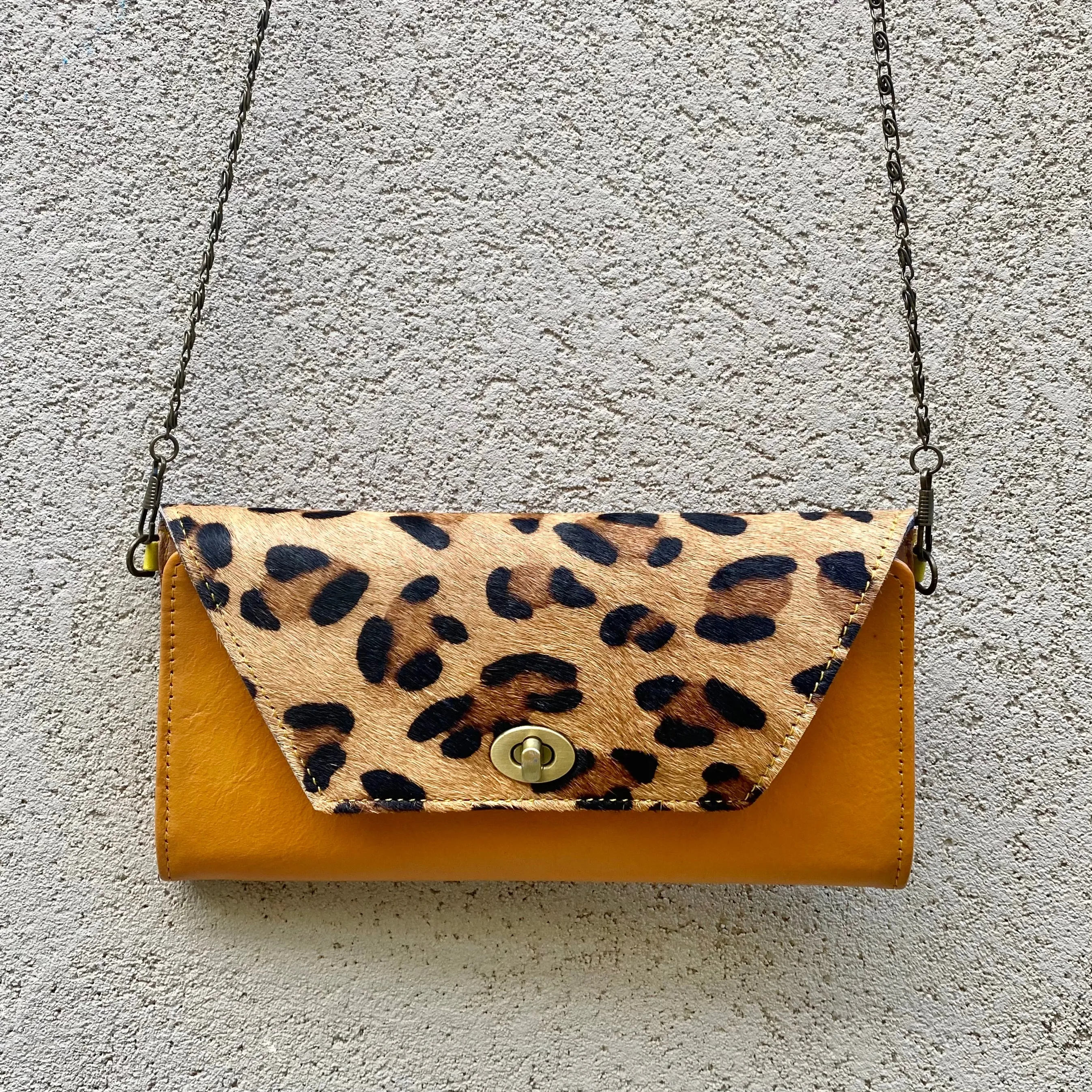 Harley Cowhide and Leather Crossbody Wallet Clutch - Apricot Tan, Leopard