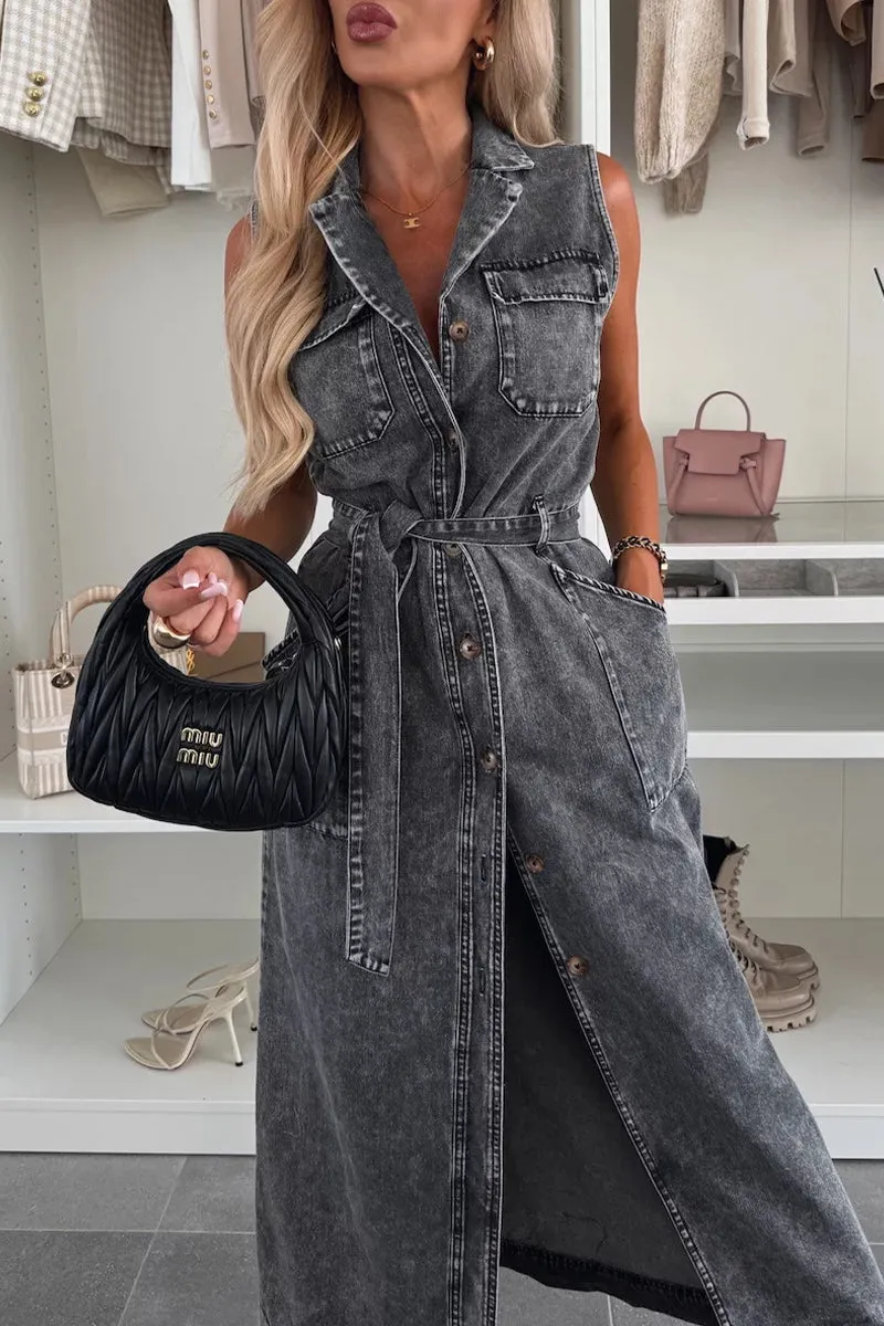 HBZ1142 Sleeveless Button-Down Denim Maxi Dress