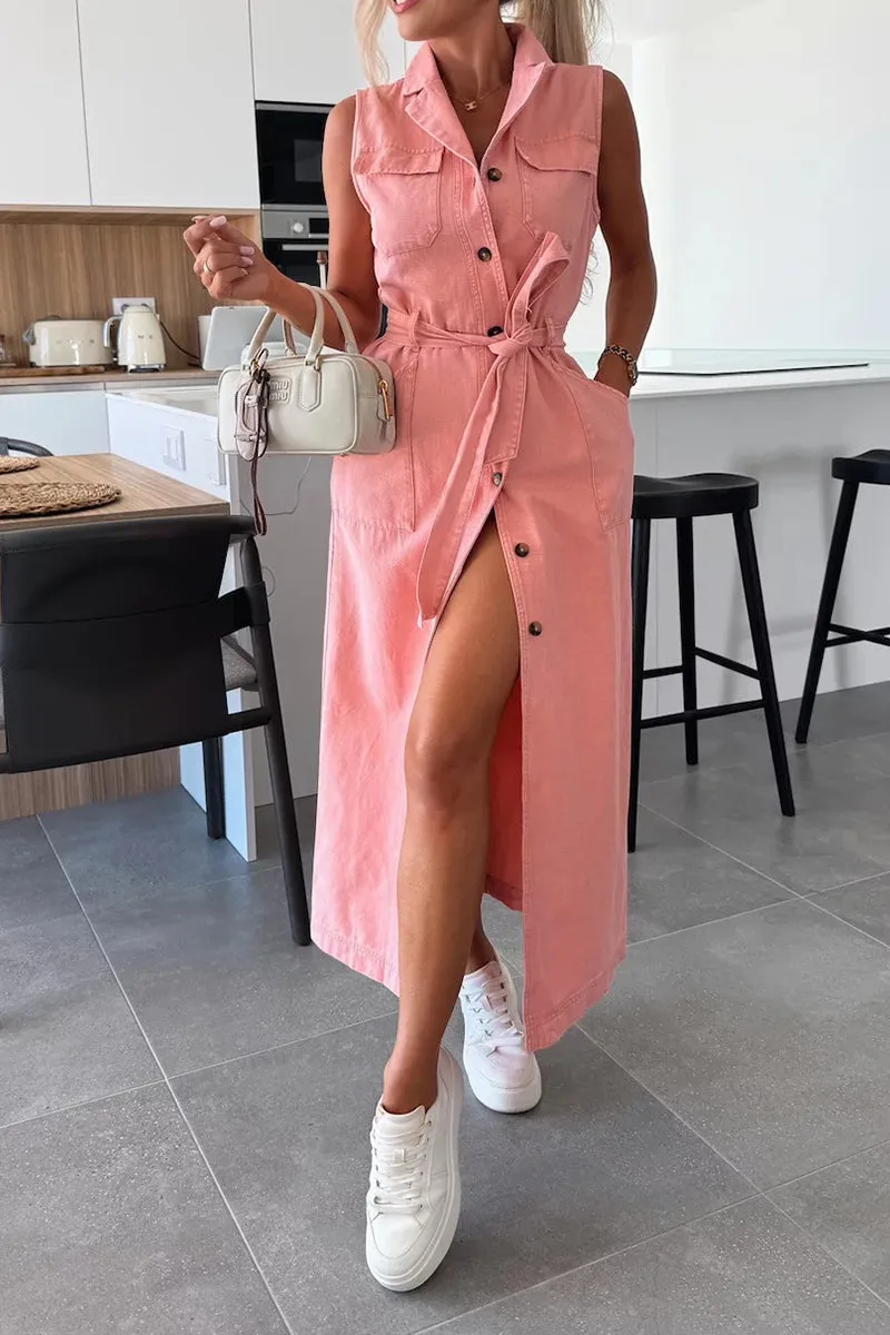 HBZ1142 Sleeveless Button-Down Denim Maxi Dress