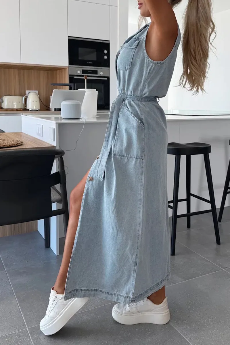 HBZ1142 Sleeveless Button-Down Denim Maxi Dress