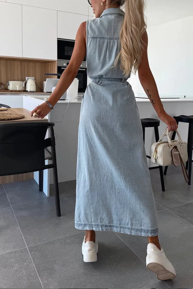 HBZ1142 Sleeveless Button-Down Denim Maxi Dress